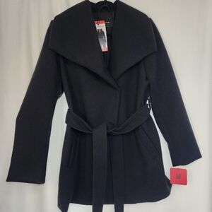 Tahari Black Belted Wool-Look Wrap Coat Jacket Size Medium NWT